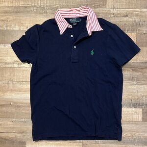 Polo by Ralph Lauren Navy Polo with Pink-White Striped Collar